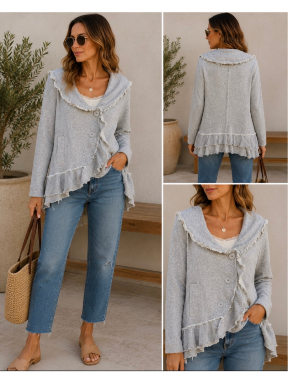 Sundance Jacket Womens XL Gray Ruffle Raw Edge Cotton Boho Asymmetrical